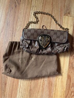 Authentic Gucci GG Monogram Heart Clasp Chain Shoulder Bag Brown w/ Dust Bag